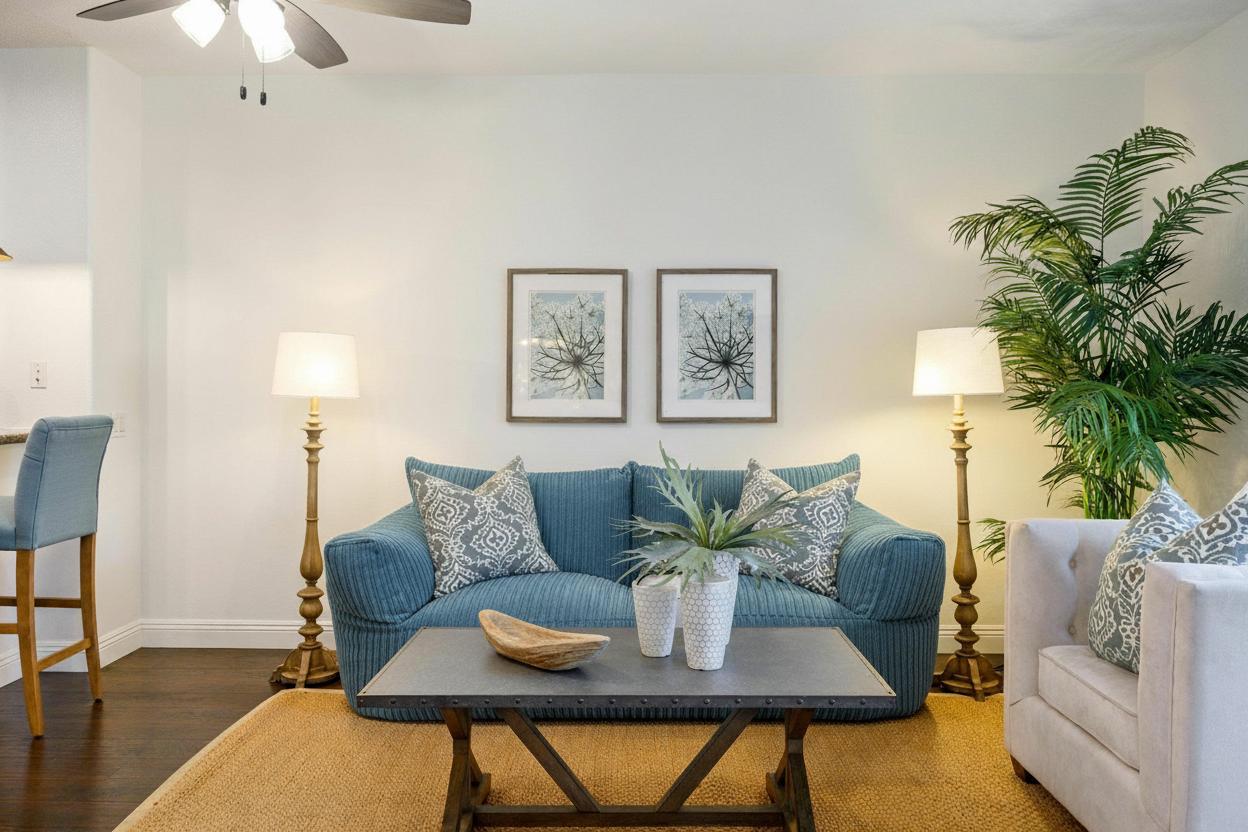 Room with blue sofa before swap